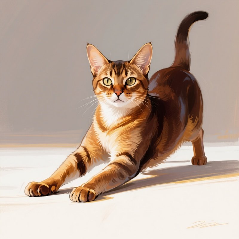 A Somali Cat Full Body Stretch With Front Legs Forward Artwork