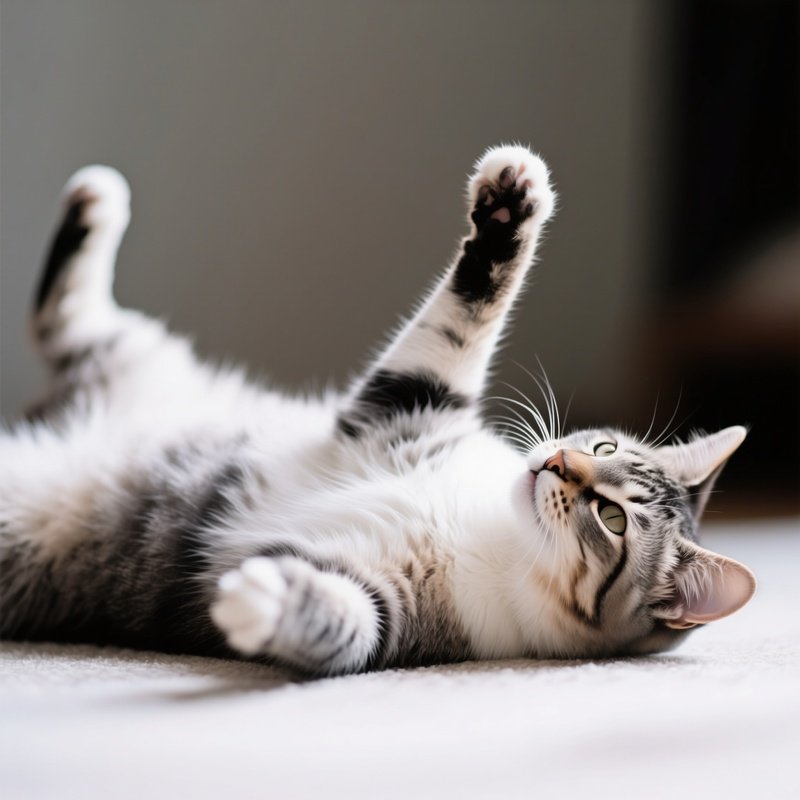 A Somali Cat Lying On Back With Paws Raised