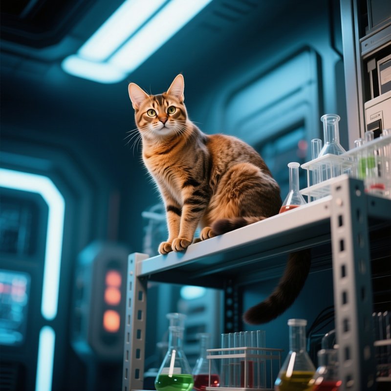 A Somali Cat Perched On Top Of A High Shelf In Science Fiction