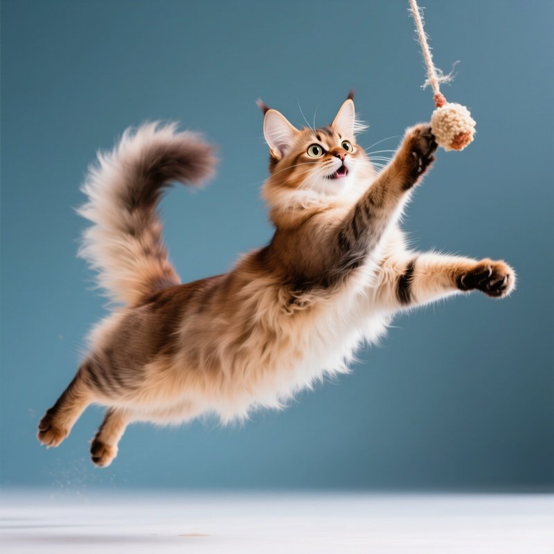 A Somali Cat Playing With A Toy In The Air