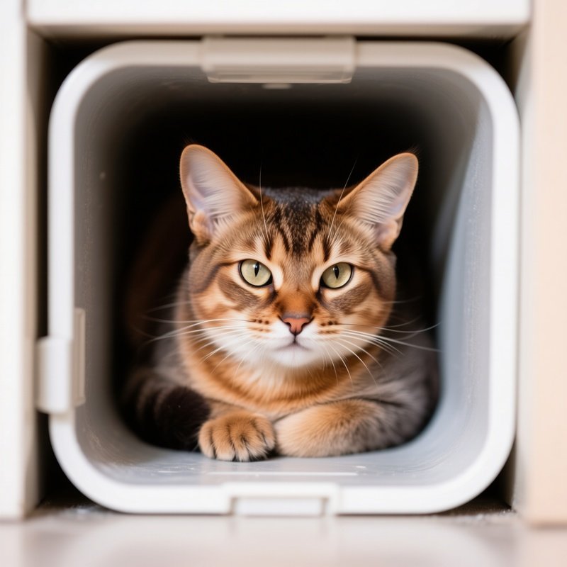 A Somali Cat Sitting In A Too Small Container