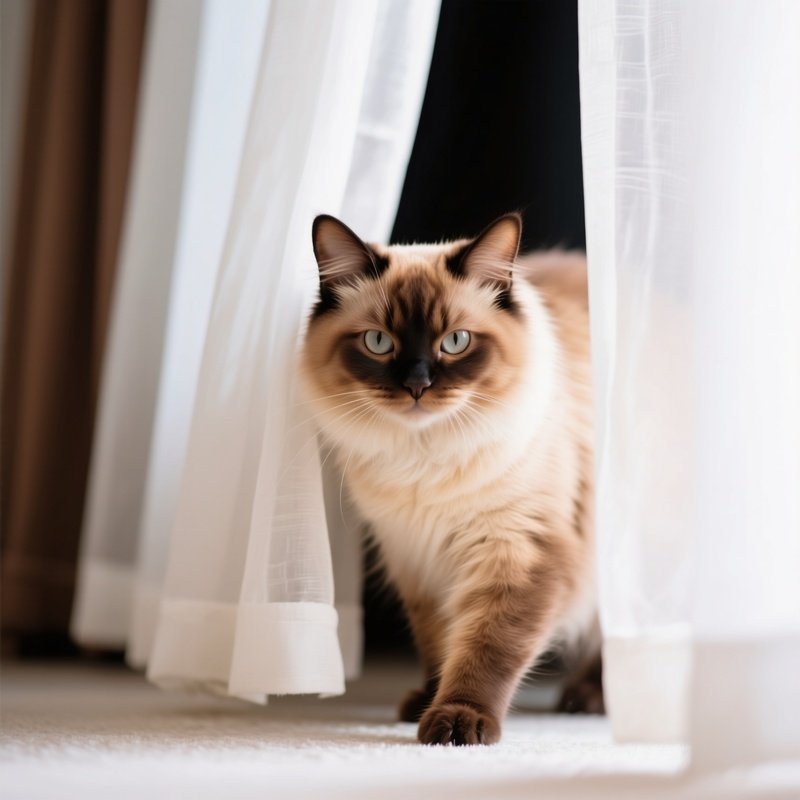 A Somali Cat Sneaking Between Curtains