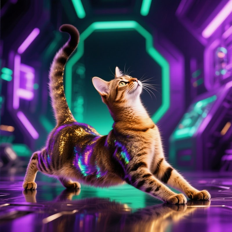 A Somali Cat Stretching With Arched Back In Science Fiction