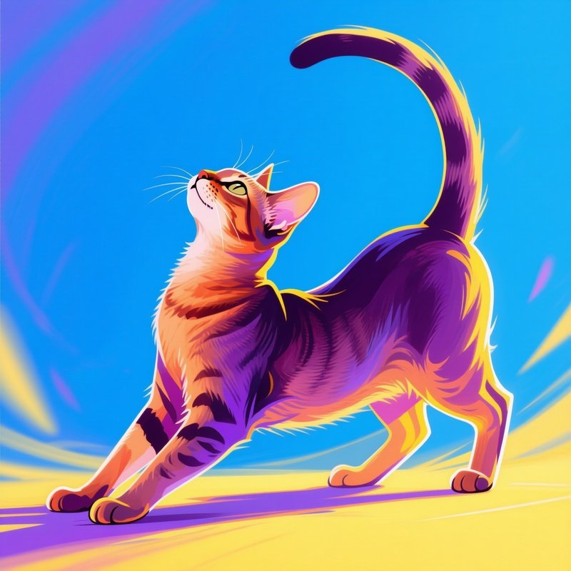 A Somali Cat Stretching With Arched Back In Digital Art