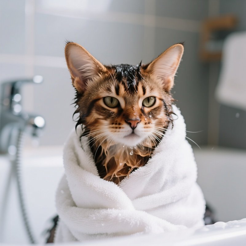 A Somali Cat Wrapped In A Towel After Bath