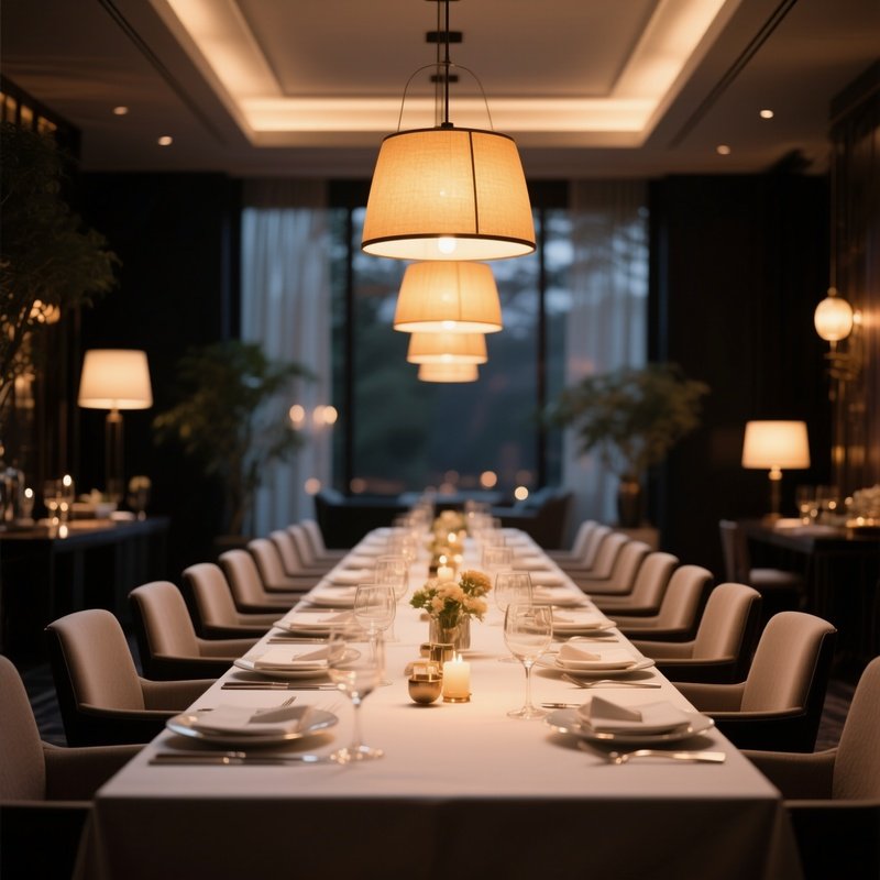 A Sophisticated Dining Area With A Long Table Set For An Evening Gathering, Illuminated By Warm Pendant Lights