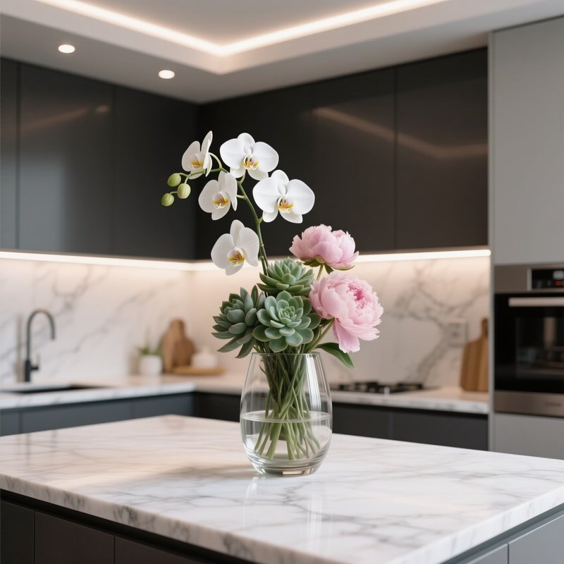 A Sophisticated Modern Kitchen With Marble Countertops, Where A Sleek Glass Vase Holds An