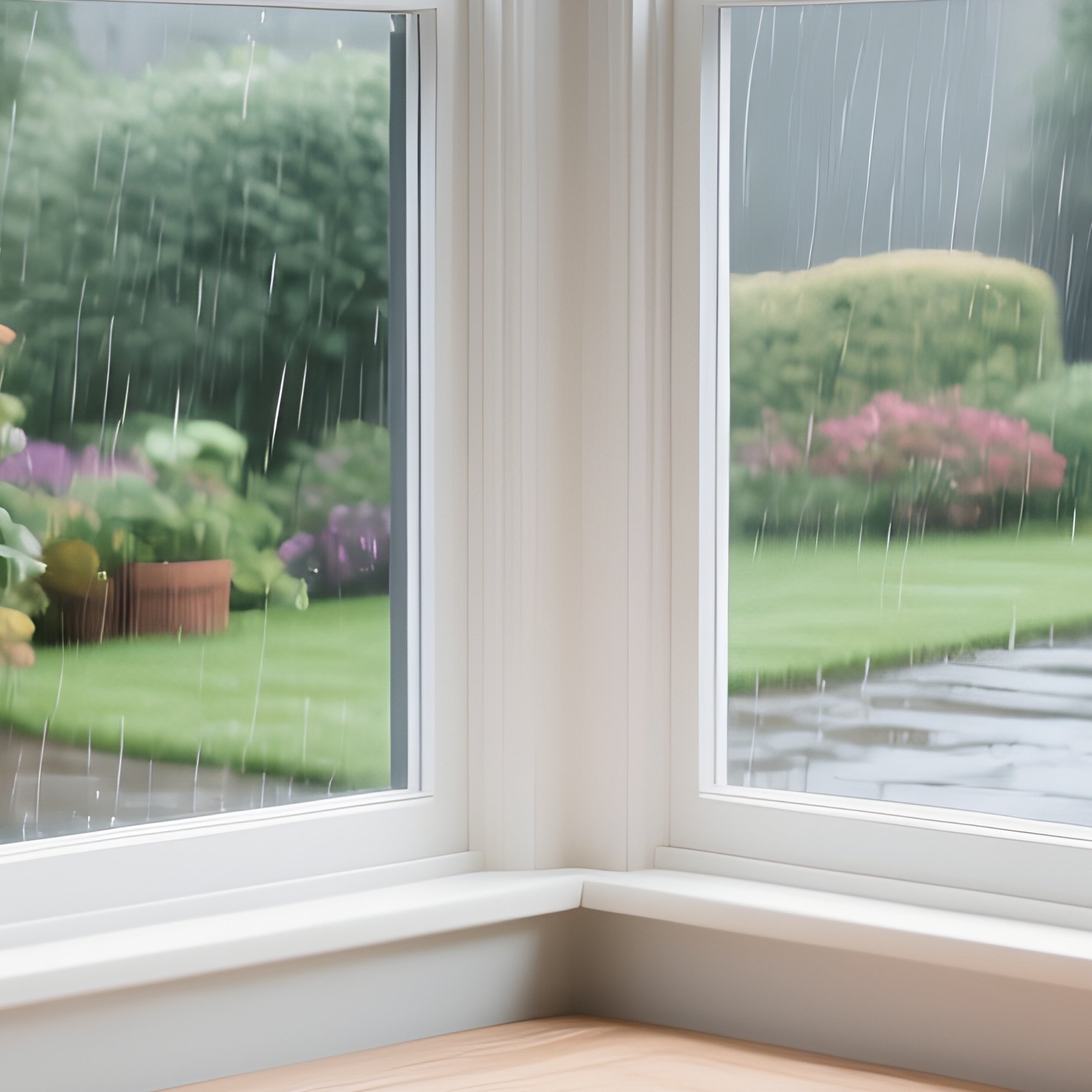 A Space Saving L Shaped Corner Desk Tucked Into A Home Office Nook, With A Window Offering A View Of A Rainy Garden Outside. - Full Resolution Quality Preview
