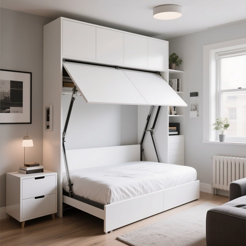 A Space Saving White Murphy Bed Unfolded In A Small Studio Apartment, Demonstrating A Functional And Stylish Layout With Smart Storage Solutions Nearby.