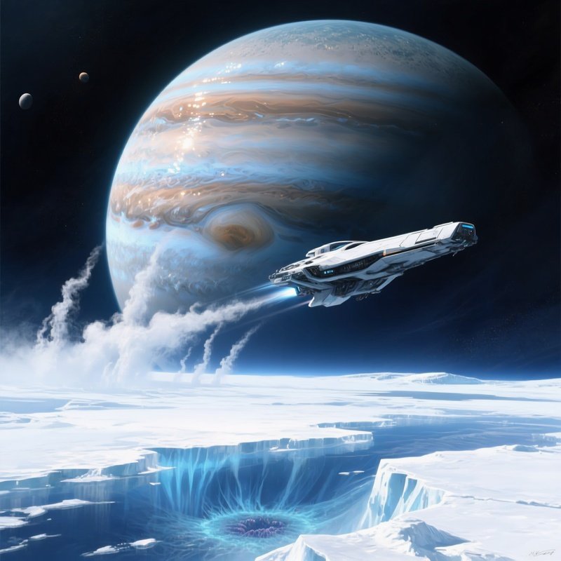 A Spacecraft Flying Past Europa Capturing The Shimmer Of Its Frozen Surface And The Faint Mist From Subsurface Vents