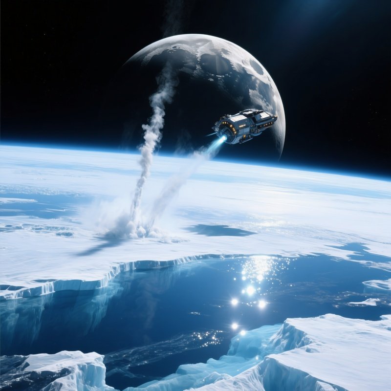 A Spacecraft Flying Past Europa Capturing The Shimmer Of Its Frozen Surface And The Faint Mist From Subsurface Vents