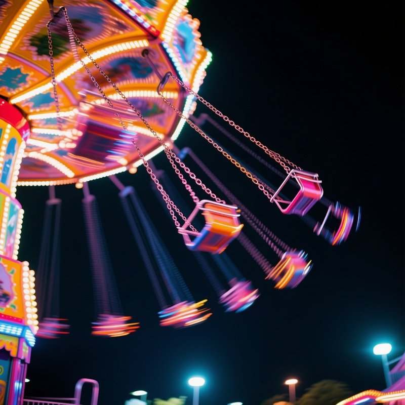 A Spinning Swing Ride At Night Chains Glowing In Motion Blur