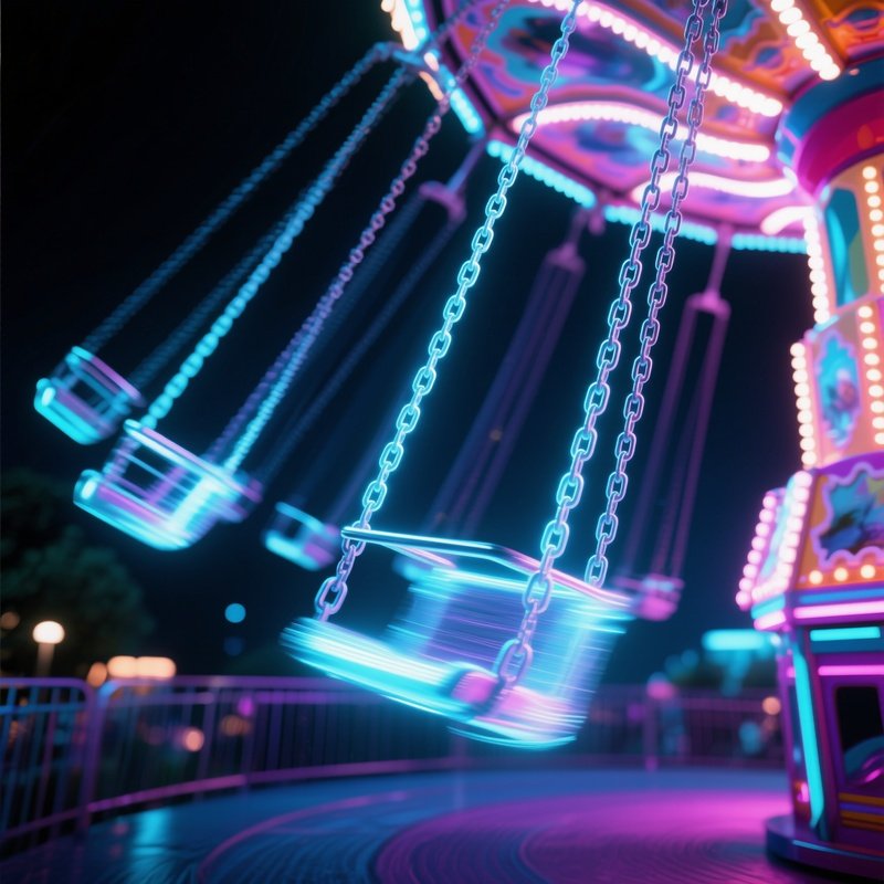 A Spinning Swing Ride At Night Chains Glowing In Motion Blur