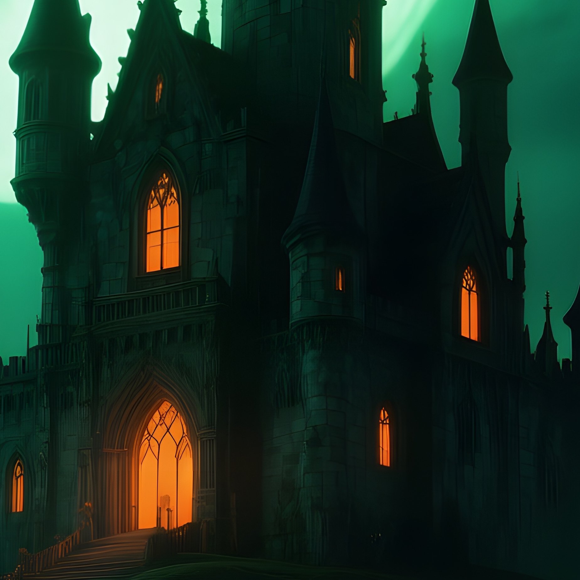 A Spooky Castle On A Hill Under A Giant Green Moon Halloween - Full Resolution Quality Preview