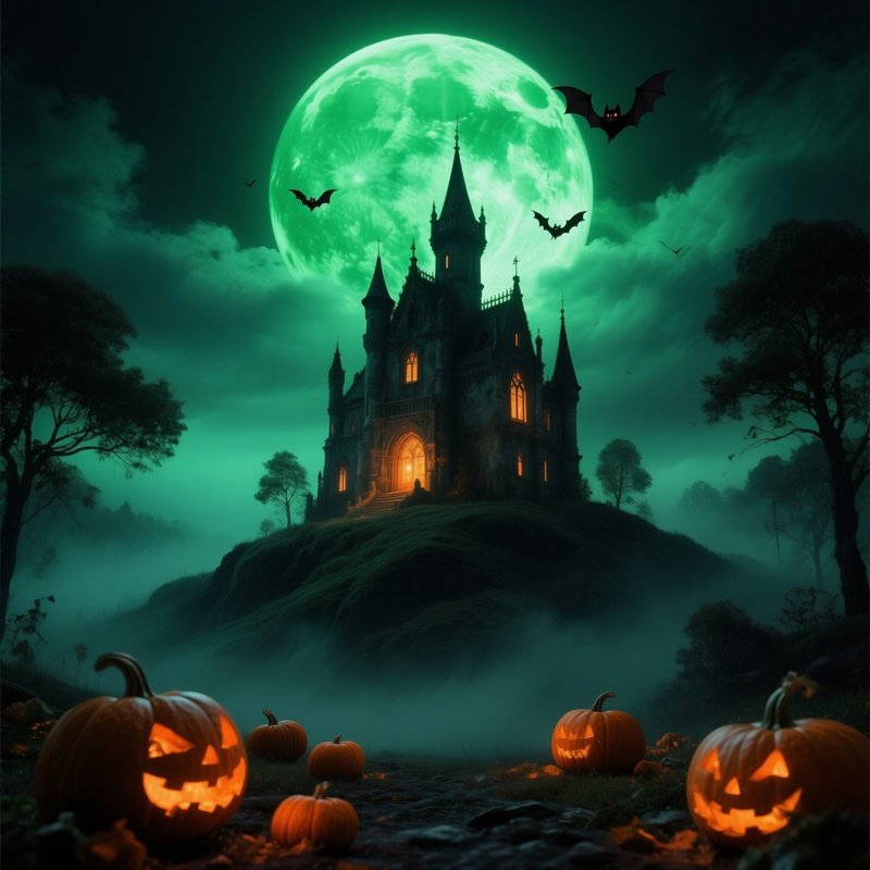 A Spooky Castle On A Hill Under A Giant Green Moon Halloween