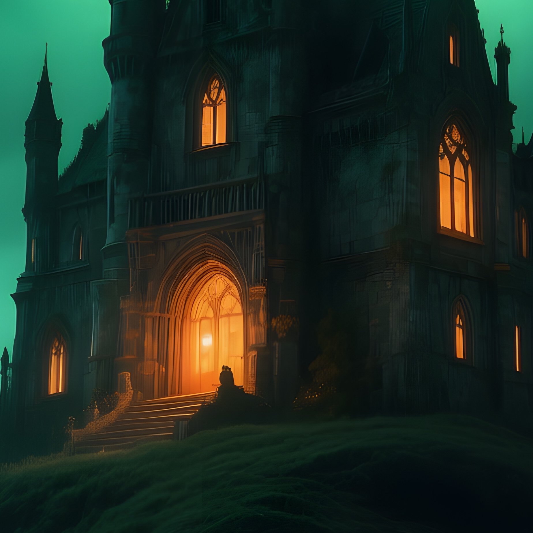 A Spooky Castle On A Hill Under A Giant Green Moon Halloween - Full Resolution Quality Preview