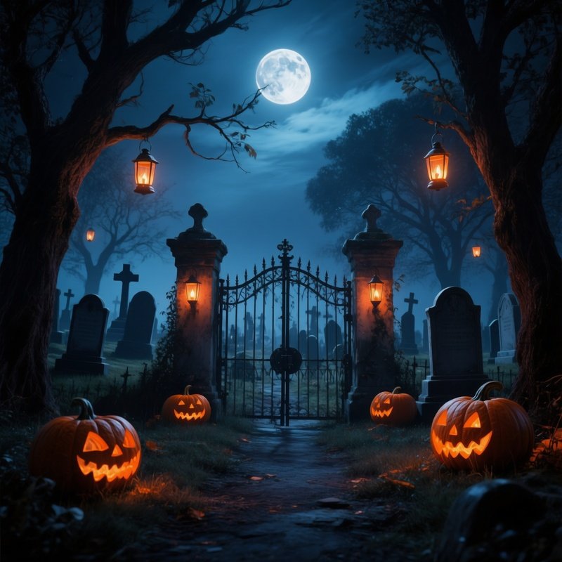 A Spooky Graveyard Entrance At Night Halloween Graveyard