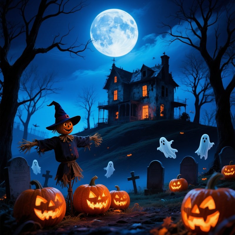A Spooky Halloween Scene Featuring A Haunted House And Various
