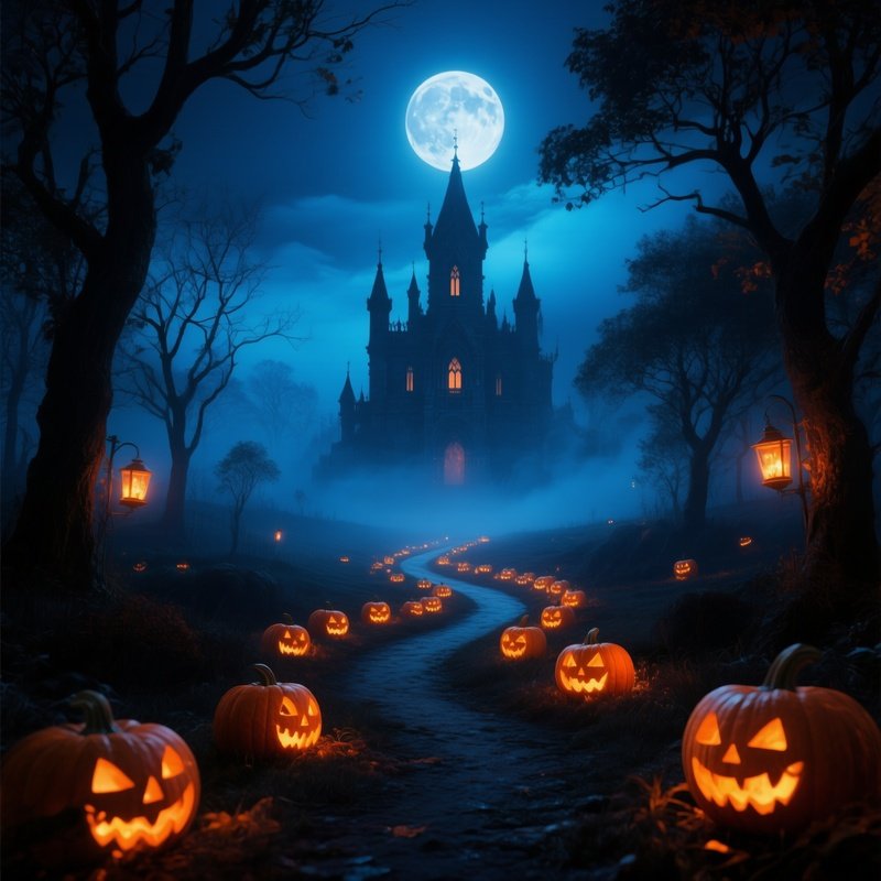 A Spooky Halloween Scene Featuring A Path Lined With Jack O