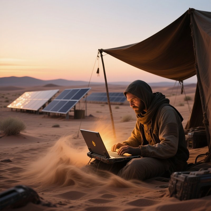 A Sprawling Desert Outpost At Dusk, Solar Panels Glinting, A Lone Figure Under A Tarp Operating A