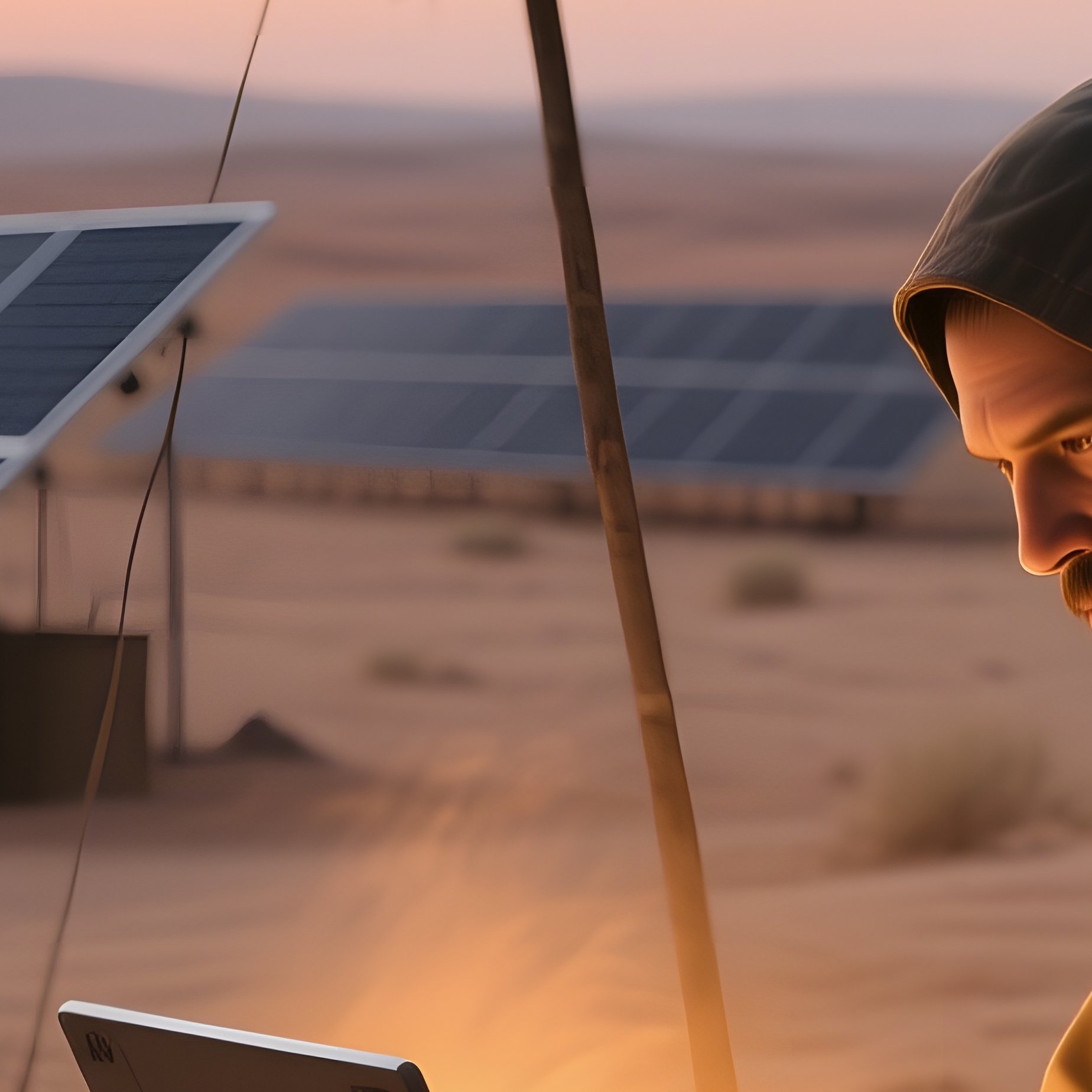 A Sprawling Desert Outpost At Dusk, Solar Panels Glinting, A Lone Figure Under A Tarp Operating A - Full Resolution Quality Preview