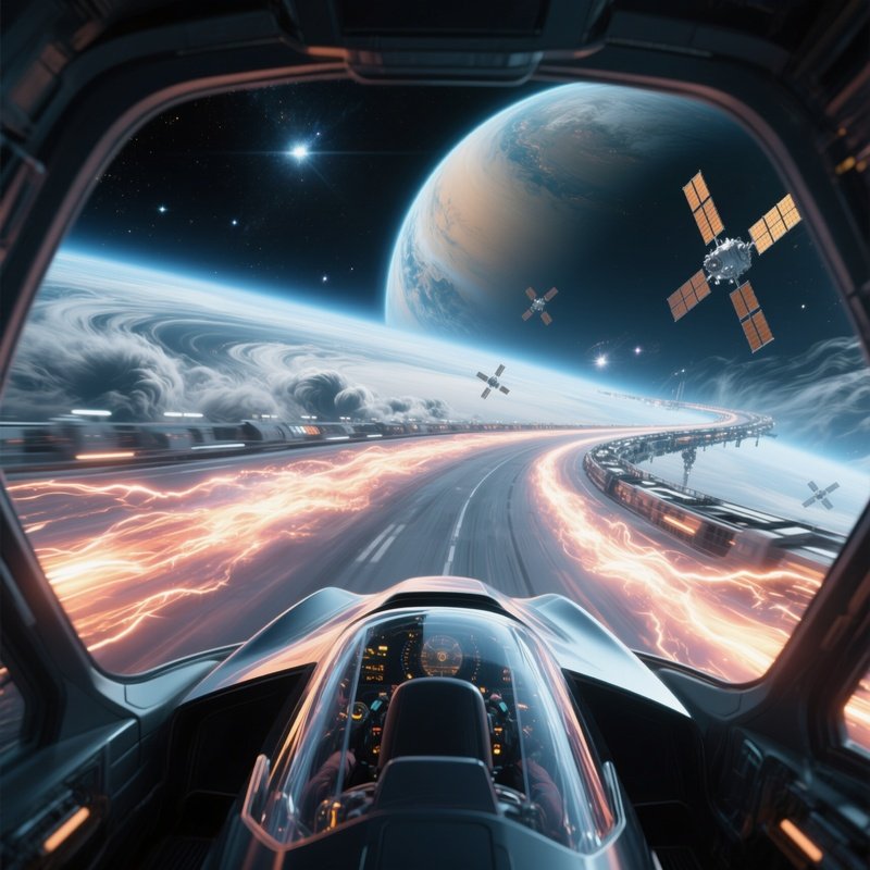A Sprawling Orbital Track Encircling A Gas Giant, View From Inside The Cockpit Of A Sleek