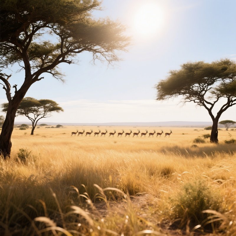 A Sprawling Savanna Under A Blazing Noon Sun, Golden Grasses Waving, Acacia Trees Providing Sparse