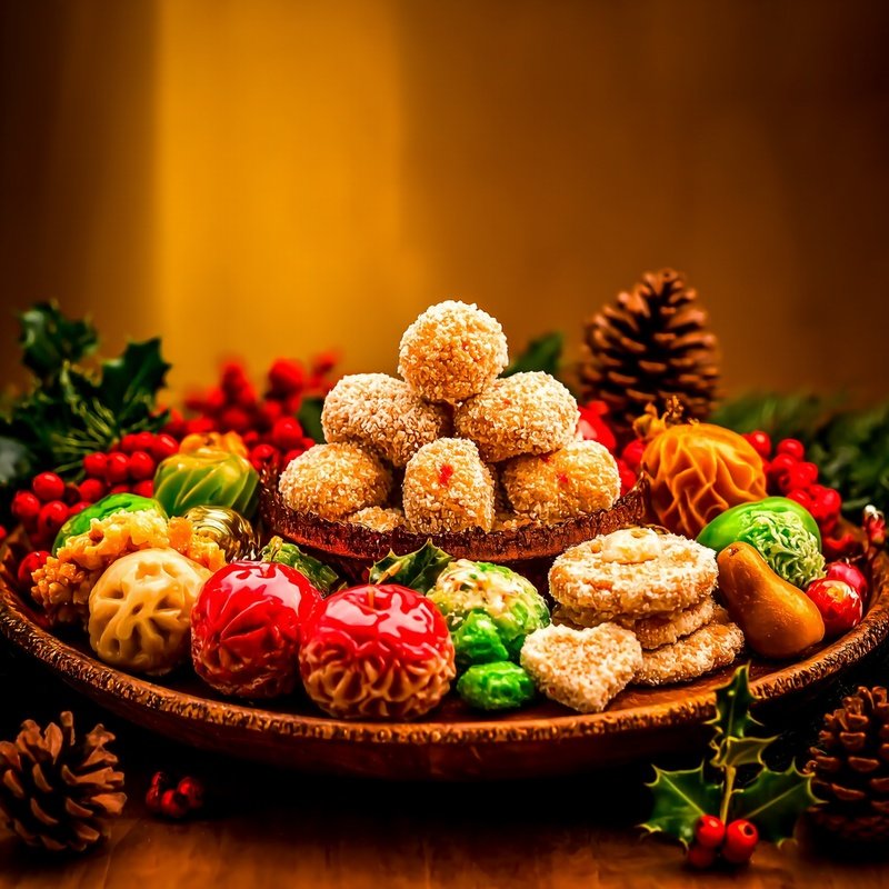 A Spread Of Christmas Sweets Including Kulkuls Neureos And Marzipan Fruits