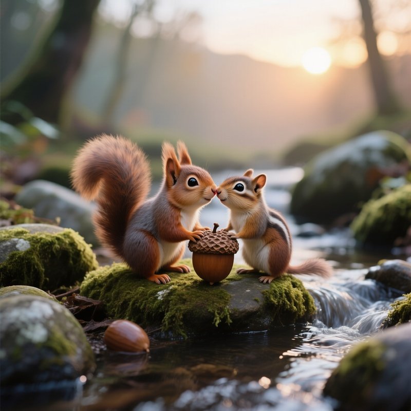 A Squirrel And A Chipmunk Share A Tiny Kiss On An Acorn Beside A Babbling Brook Surrounded By Mossy