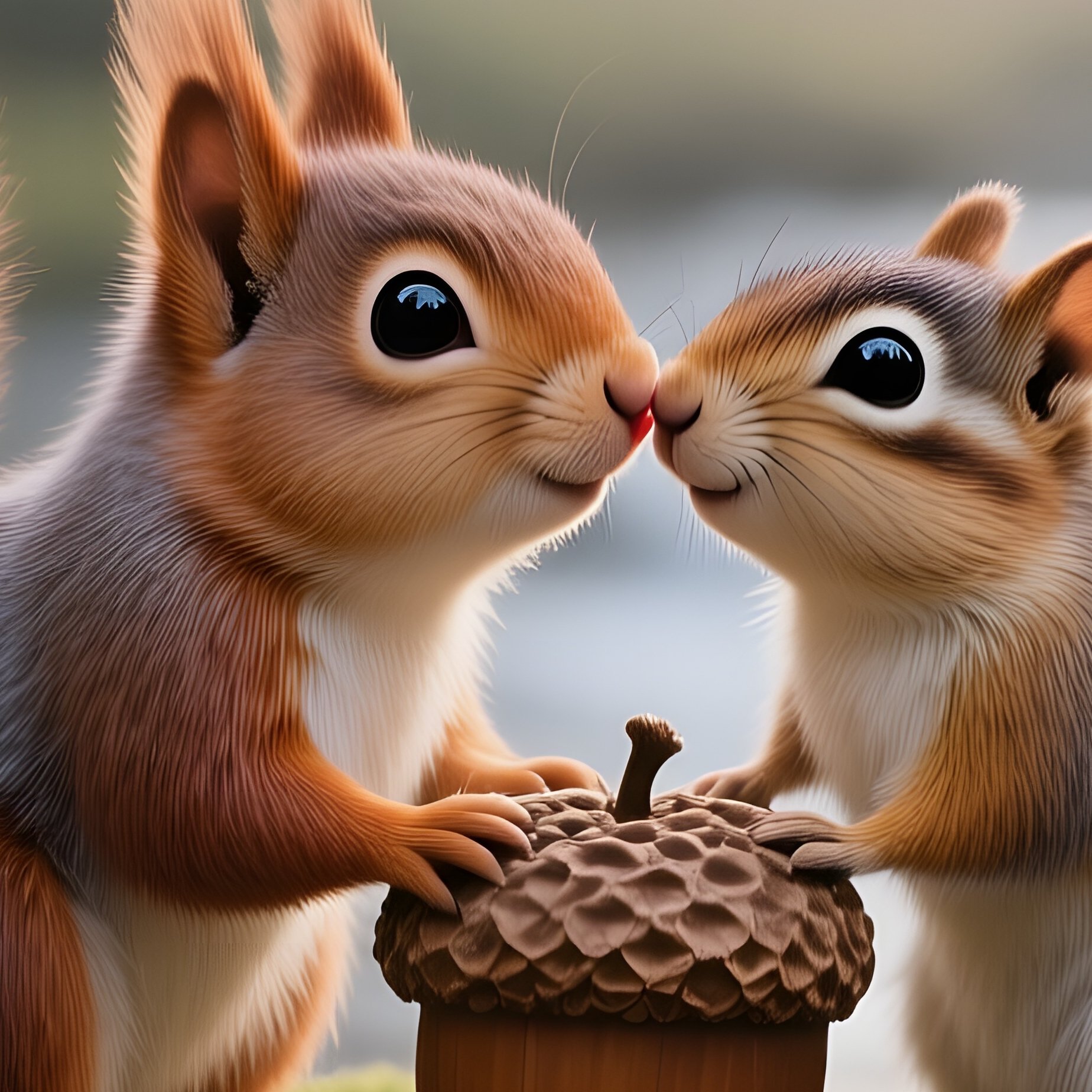 A Squirrel And A Chipmunk Share A Tiny Kiss On An Acorn Beside A Babbling Brook Surrounded By Mossy - Full Resolution Quality Preview