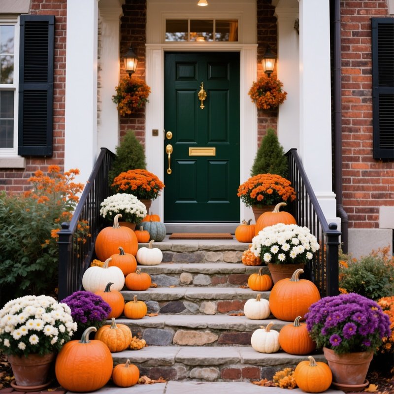 A Staircase Leading To A Front Door Decorated For Autumn Autumn