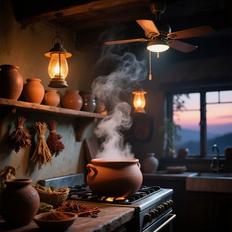 A Steaming Clay Pot In A Dimly Lit Kitchen At Twilight, Hanging Lanterns Casting Warm Amber Light,