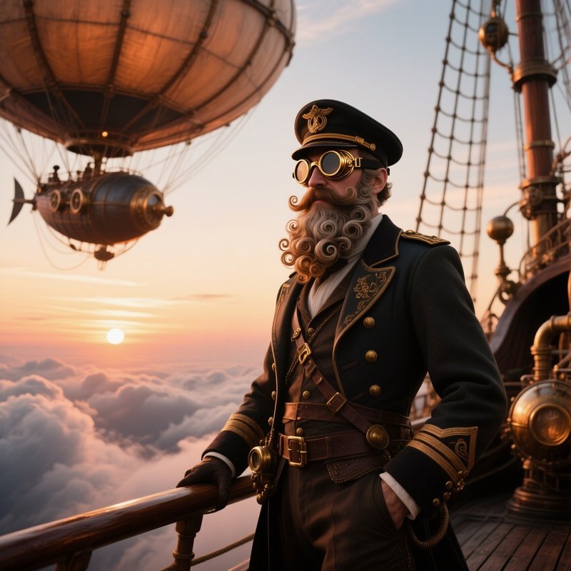 A Steampunk Airship Captain With Brass Goggles And An Elaborate Curled Beard Stands On Deck, Clouds