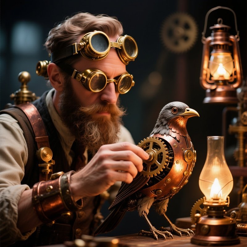 A Steampunk Inventor With Brass Goggles Perched On His Forehead Adjusts Gears On A Mechanical Bird,