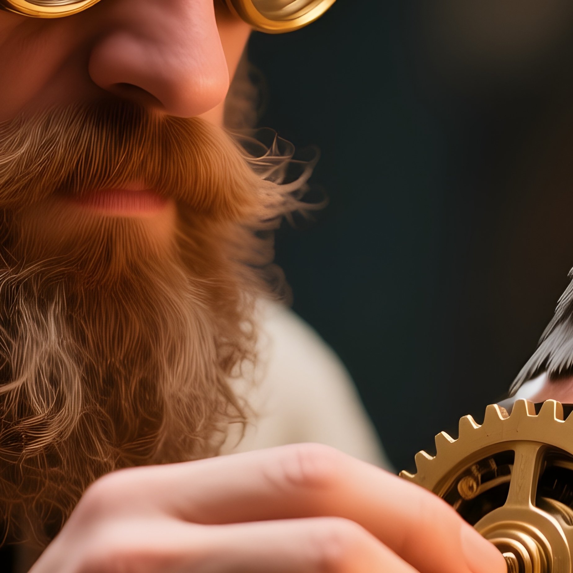 A Steampunk Inventor With Brass Goggles Perched On His Forehead Adjusts Gears On A Mechanical Bird, - Full Resolution Quality Preview