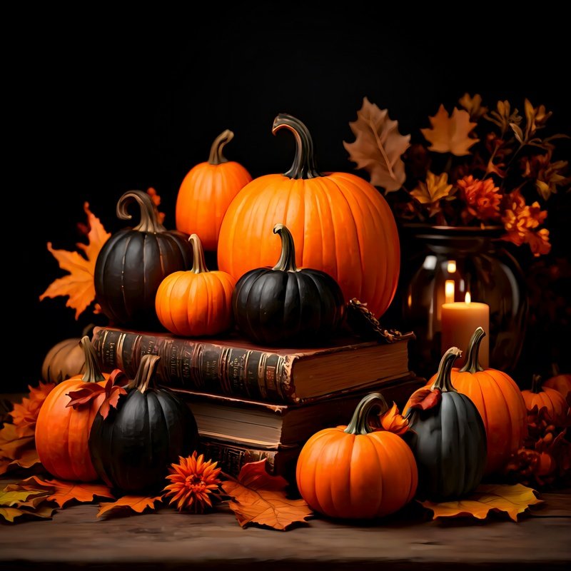 A Still Life Arrangement Featuring Pumpkins And Autumnal