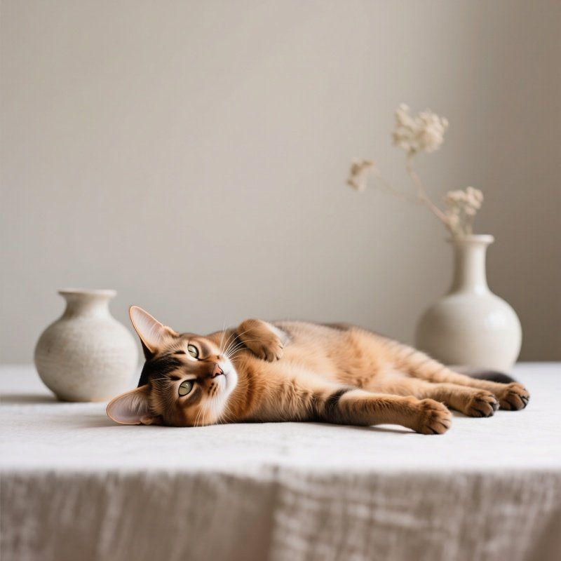 A Still Life Of A Somali Cat Laying With Paws Raised
