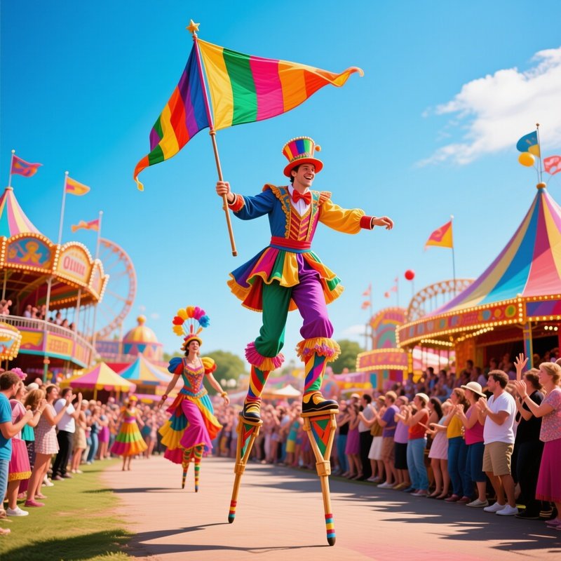 A Stilt Walker Leading The Circus Parade Through The Fairground