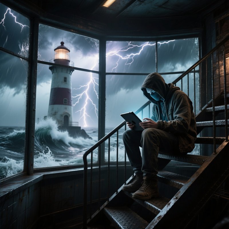 A Storm‑Raged Lighthouse Interior, Lightning Flashing Through Glass Panes, A Rugged Hacker Perched