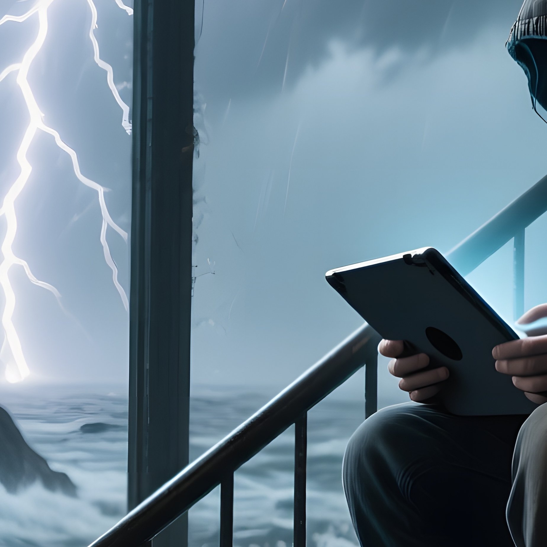 A Storm‑Raged Lighthouse Interior, Lightning Flashing Through Glass Panes, A Rugged Hacker Perched - Full Resolution Quality Preview