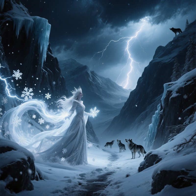 A Storm‑Raged Mountain Pass At Night Where The Snow Queen Summons Swirling Snowflakes, Lightning