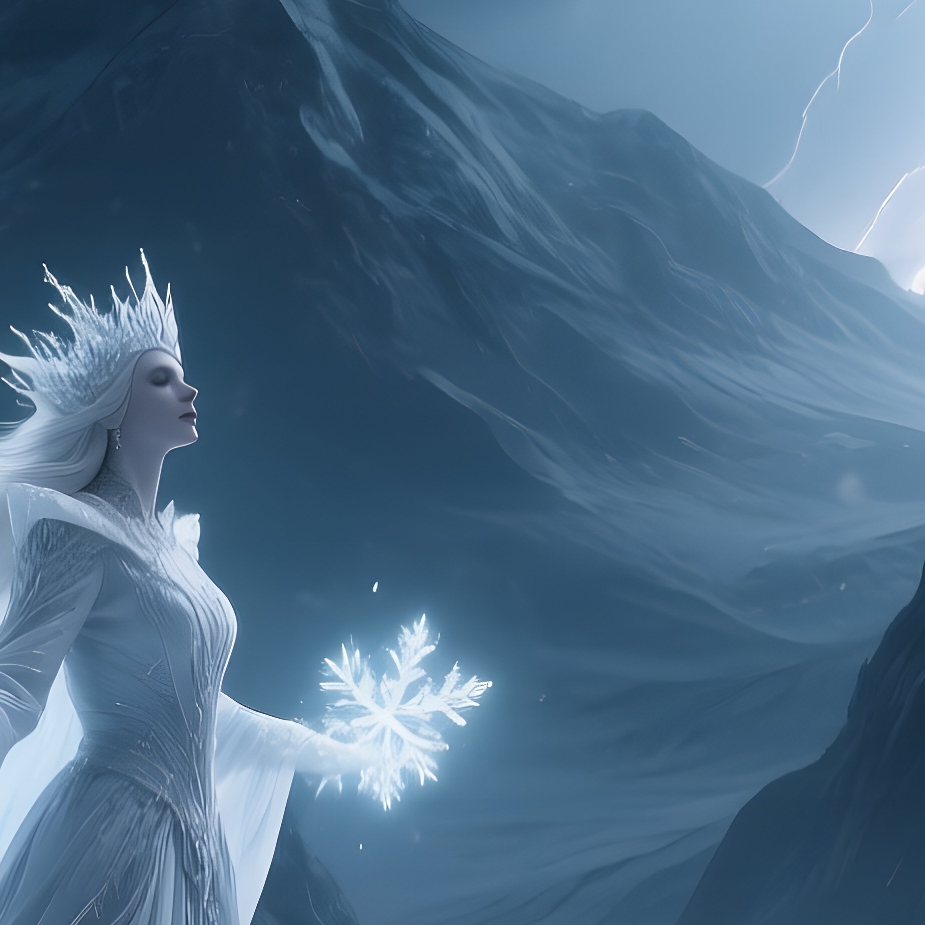 A Storm‑Raged Mountain Pass At Night Where The Snow Queen Summons Swirling Snowflakes, Lightning - Full Resolution Quality Preview