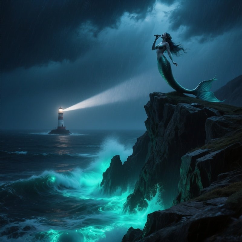 A Storm‑Raged Sea Cliff At Night Where The Mermaid Sings Atop Jagged Rocks, Phosphorescent Waves