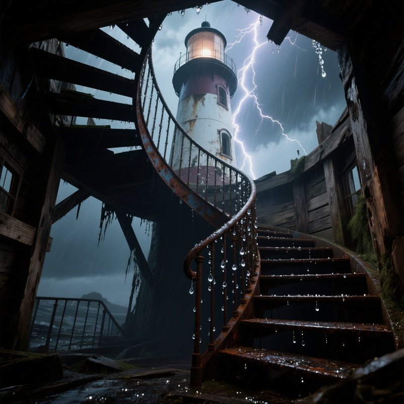 A Storm Ravaged Lighthouse Interior, Where Lightning Flashes Reveal Waterlogged Wooden Beams And