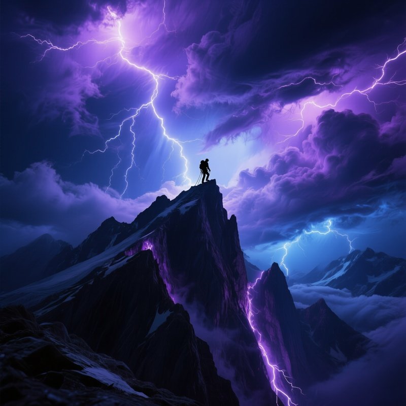 A Storm Swept Mountain Peak At Night, Jagged Cliffs Illuminated By Intermittent Lightning Strikes,