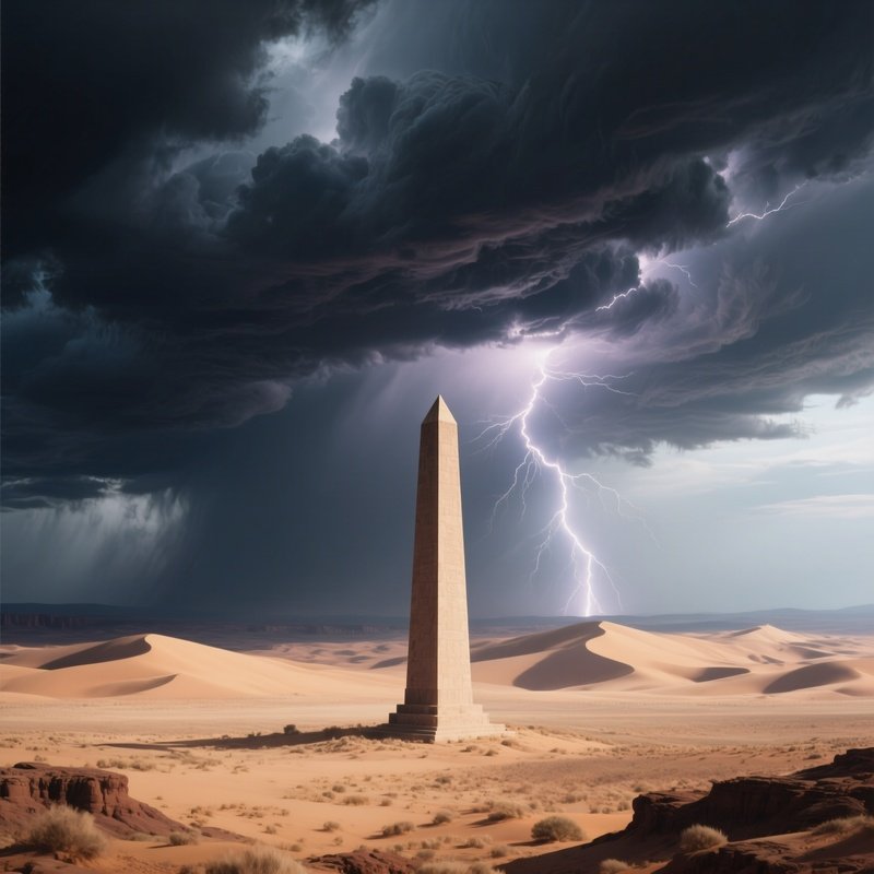 A Stormy Afternoon Over The Desert Plateau, Dark Clouds Swirling Above A Solitary Obelisk,