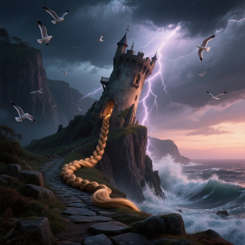 A Stormy Cliffside At Dusk Where Rapunzel'S Tower Stands Crookedly Against Crashing Waves,
