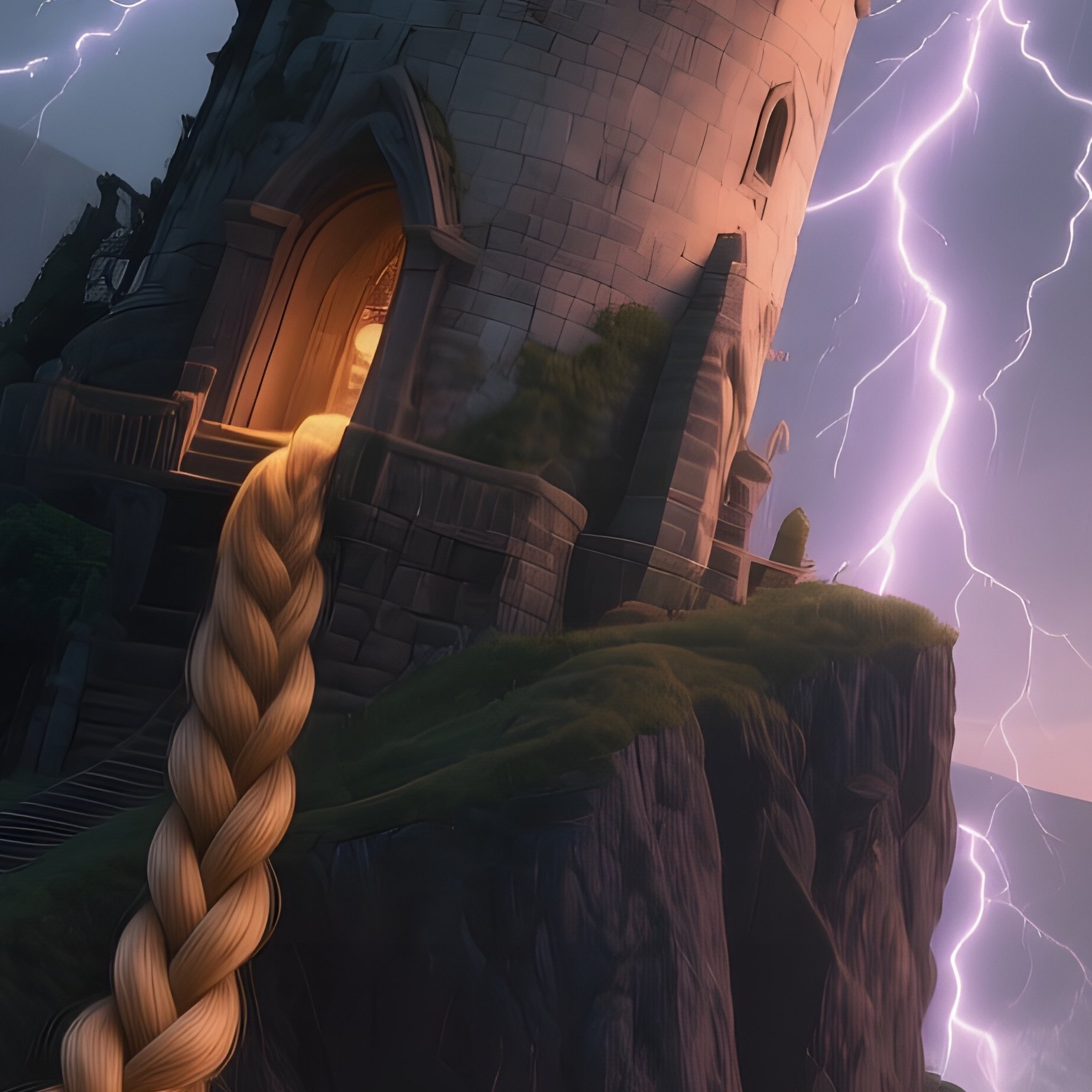 A Stormy Cliffside At Dusk Where Rapunzel'S Tower Stands Crookedly Against Crashing Waves, - Full Resolution Quality Preview