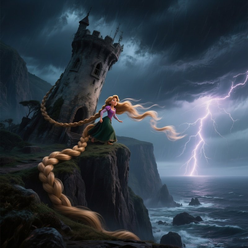 A Stormy Cliffside Under A Dark Sky Where Rapunzel’S Tower Leans Precariously, Her Braid Whipping