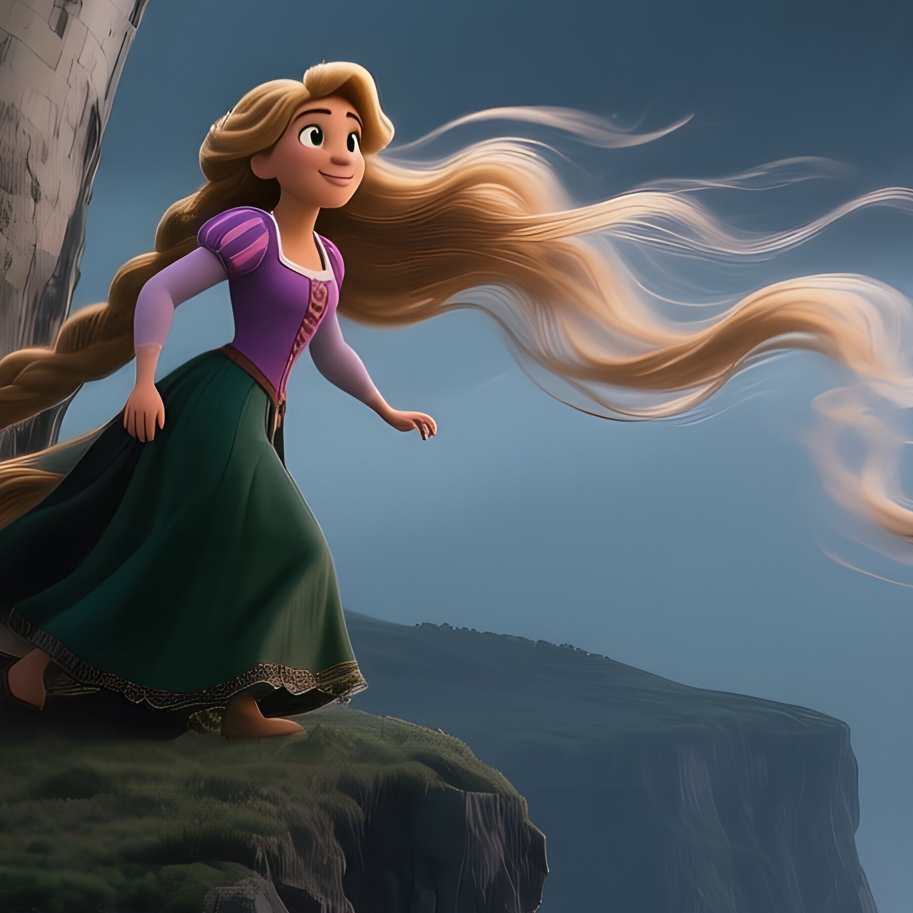 A Stormy Cliffside Under A Dark Sky Where Rapunzel’S Tower Leans Precariously, Her Braid Whipping - Full Resolution Quality Preview